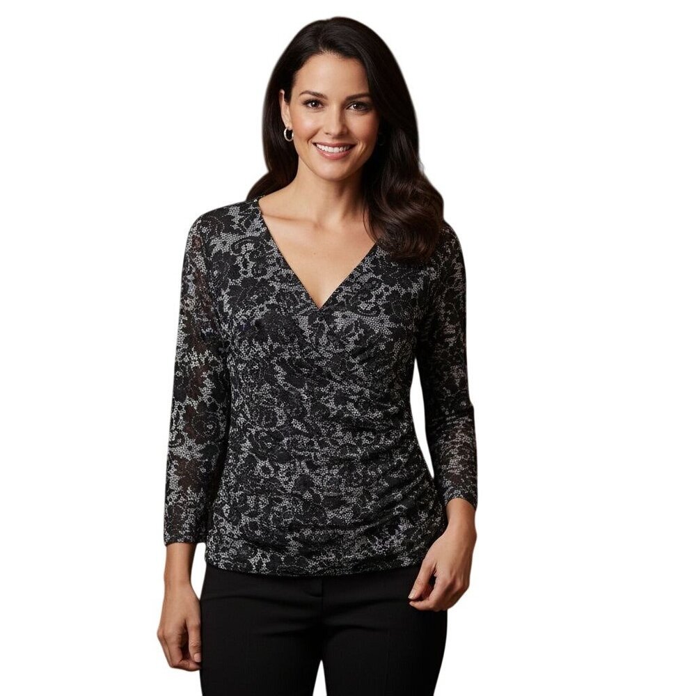 Inc International Concept Black Lace Stretch Ruched V Neck Jersey Size XL